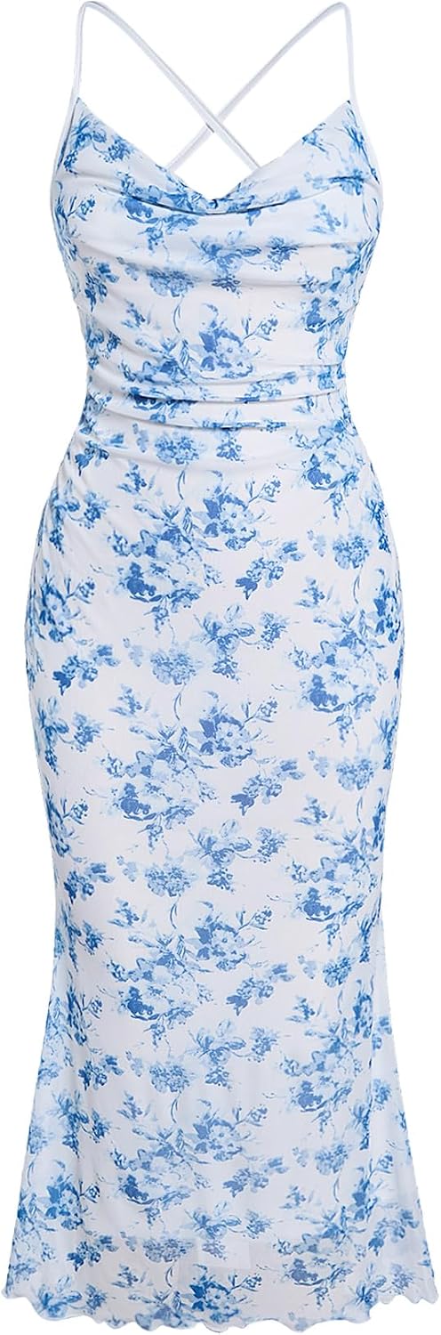 Floral Mesh Cowl-Neck Cami Maxi Dress in Blue Flower