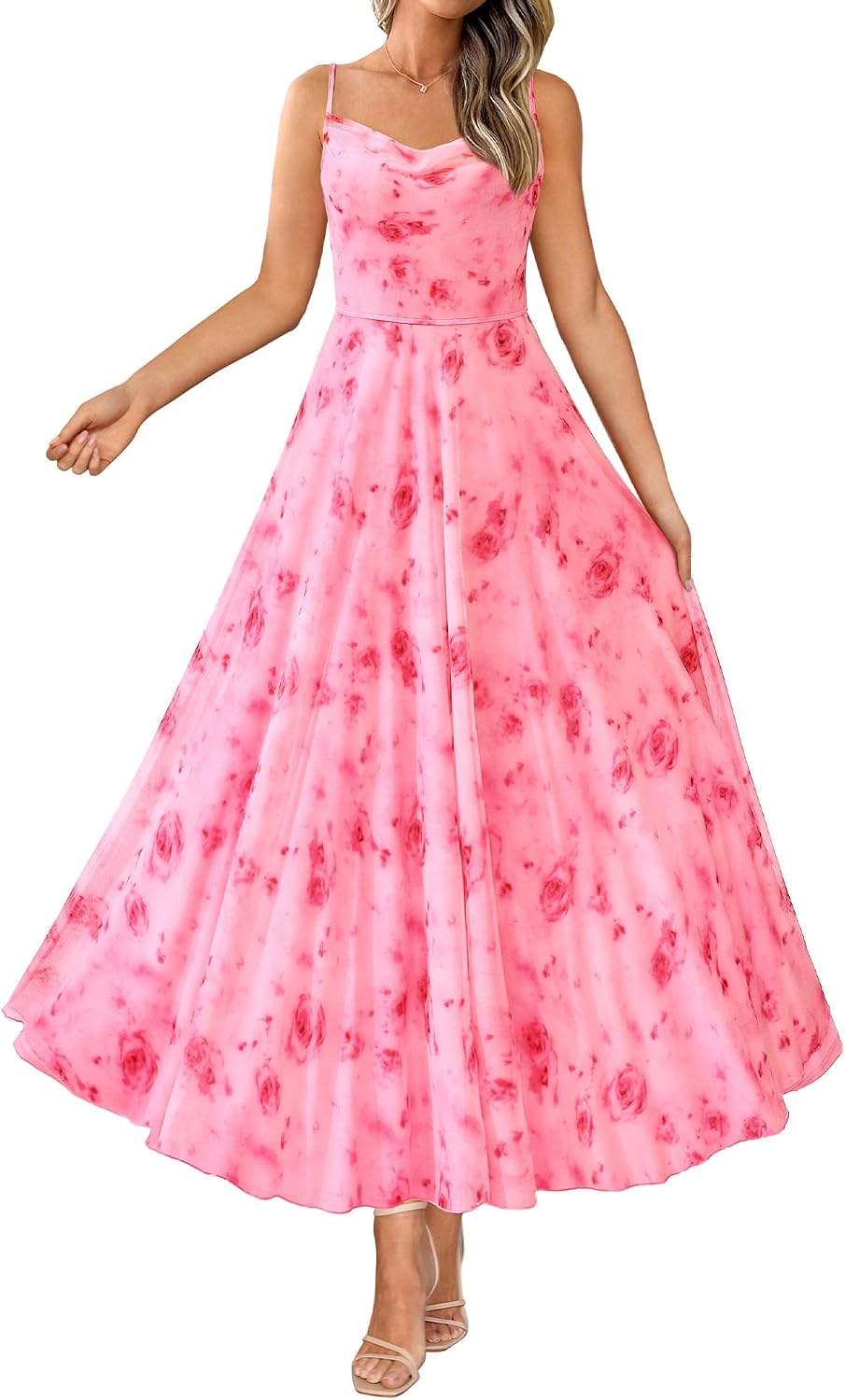 Floral Spaghetti Strap Maxi Dress in Floral Pink Red
