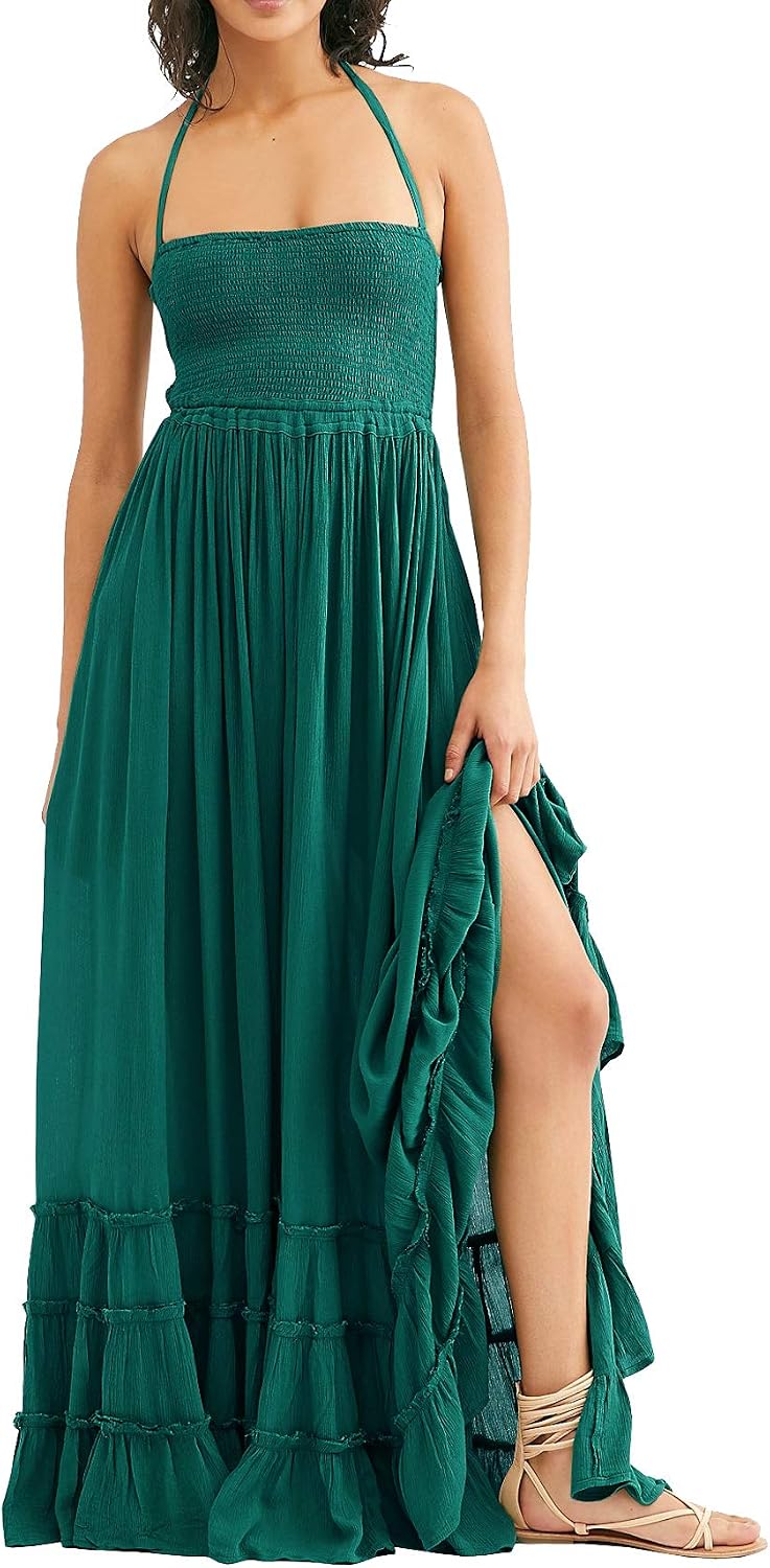 Smocked Ruffle Halter Backless Maxi Dress in Green