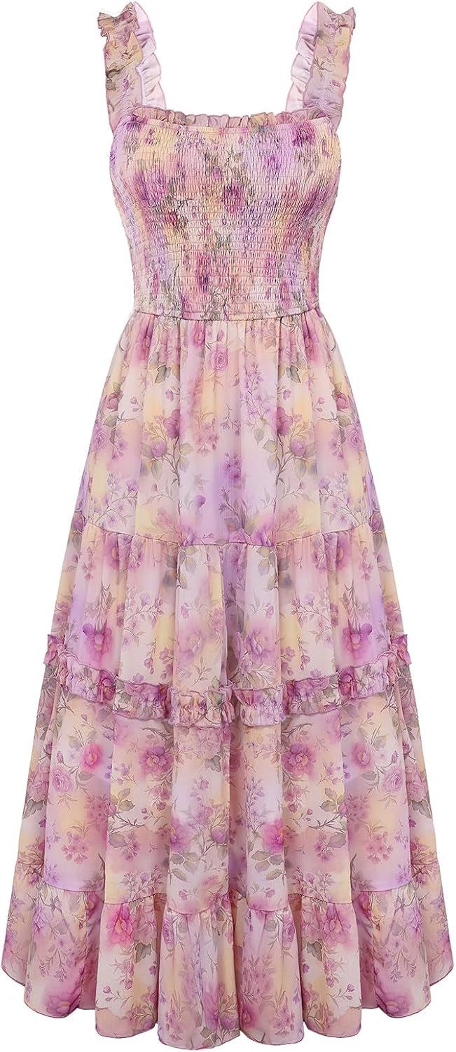 Floral Smocked Square-Neck Tiered Sundress in Purple Ombre