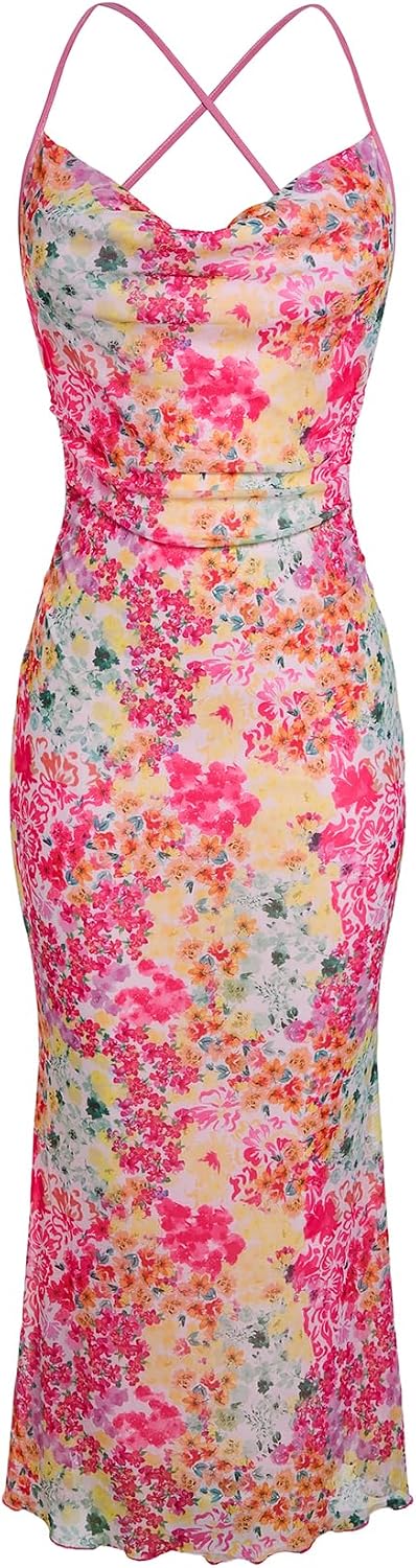 Floral Mesh Cowl-Neck Cami Maxi Dress in Multi Flower