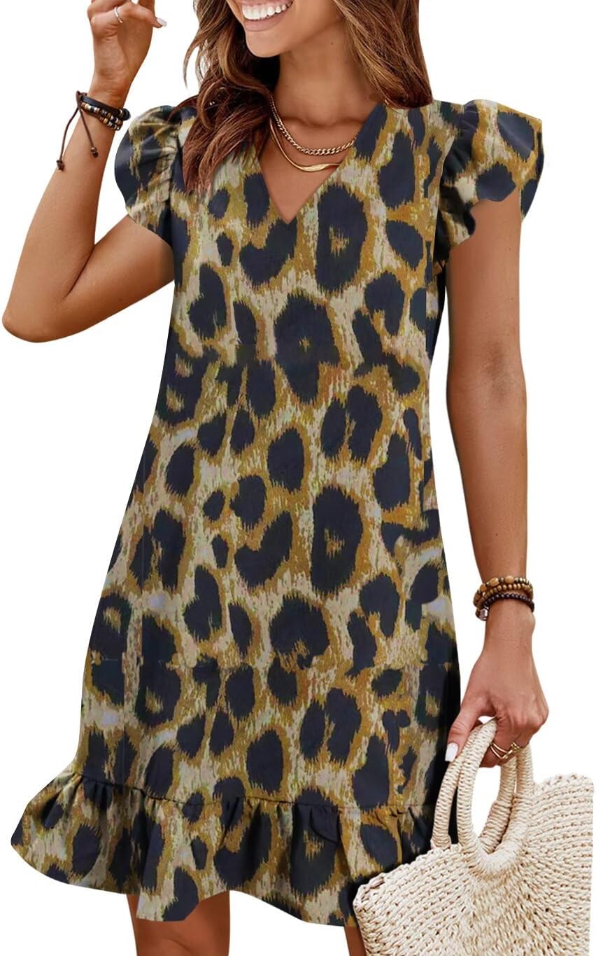 Flutter-Sleeve V-Neck Ruffle-Hem Mini Sundress in Leopard Print