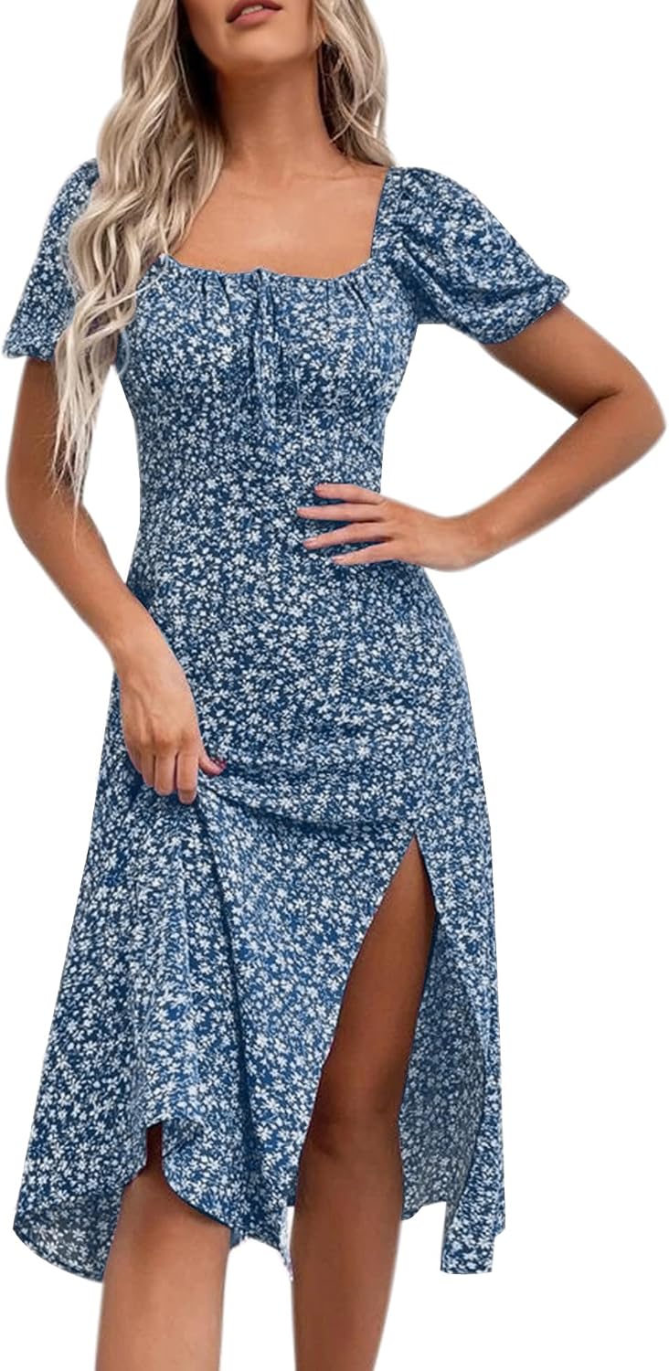 Floral Puff-Sleeve Square-Neck Midi Dress in Dark Blue Floral, style 2