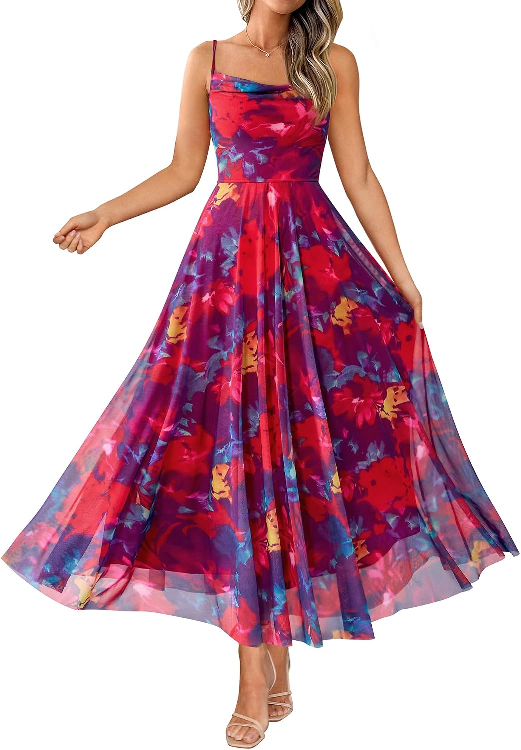 Floral Spaghetti Strap Maxi Dress in Floral Navy Red Flower