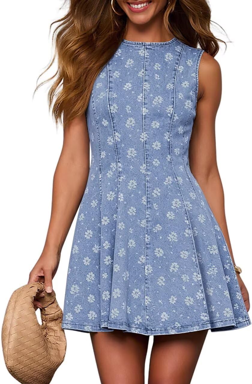 Sleeveless Denim Babydoll Mini Dress in Floral