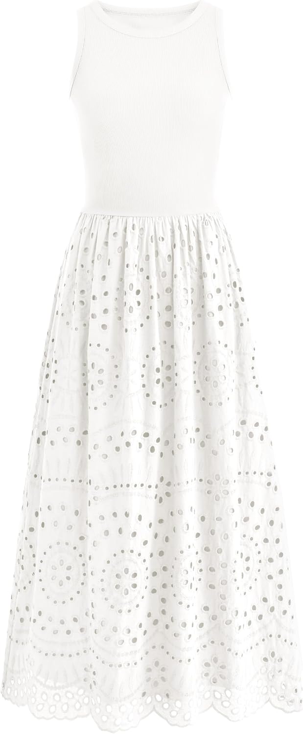 Lace Eyelet Sleeveless Tank Maxi Dress in White