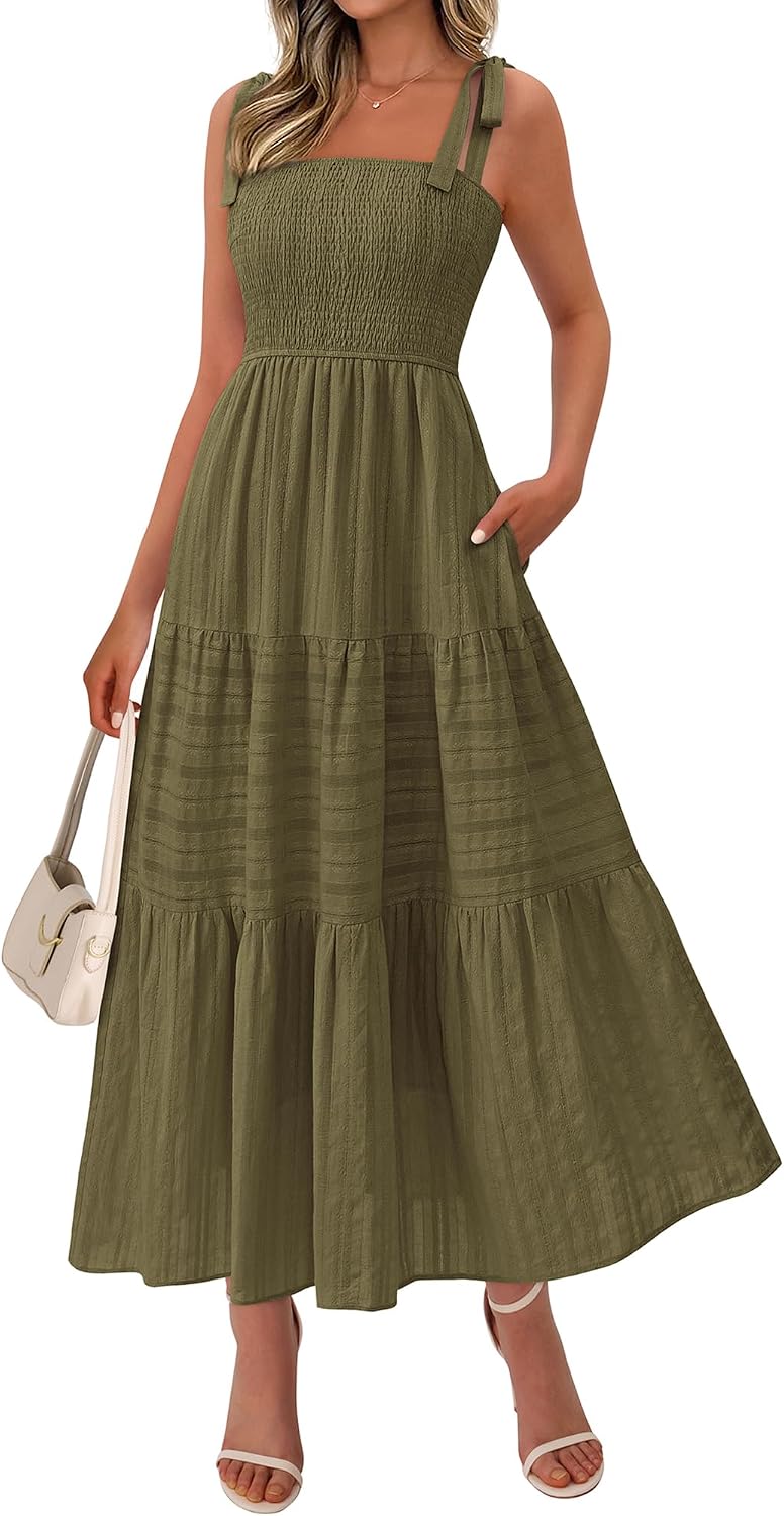 Tie-Strap Smocked Tiered Maxi Sundress in Army Green