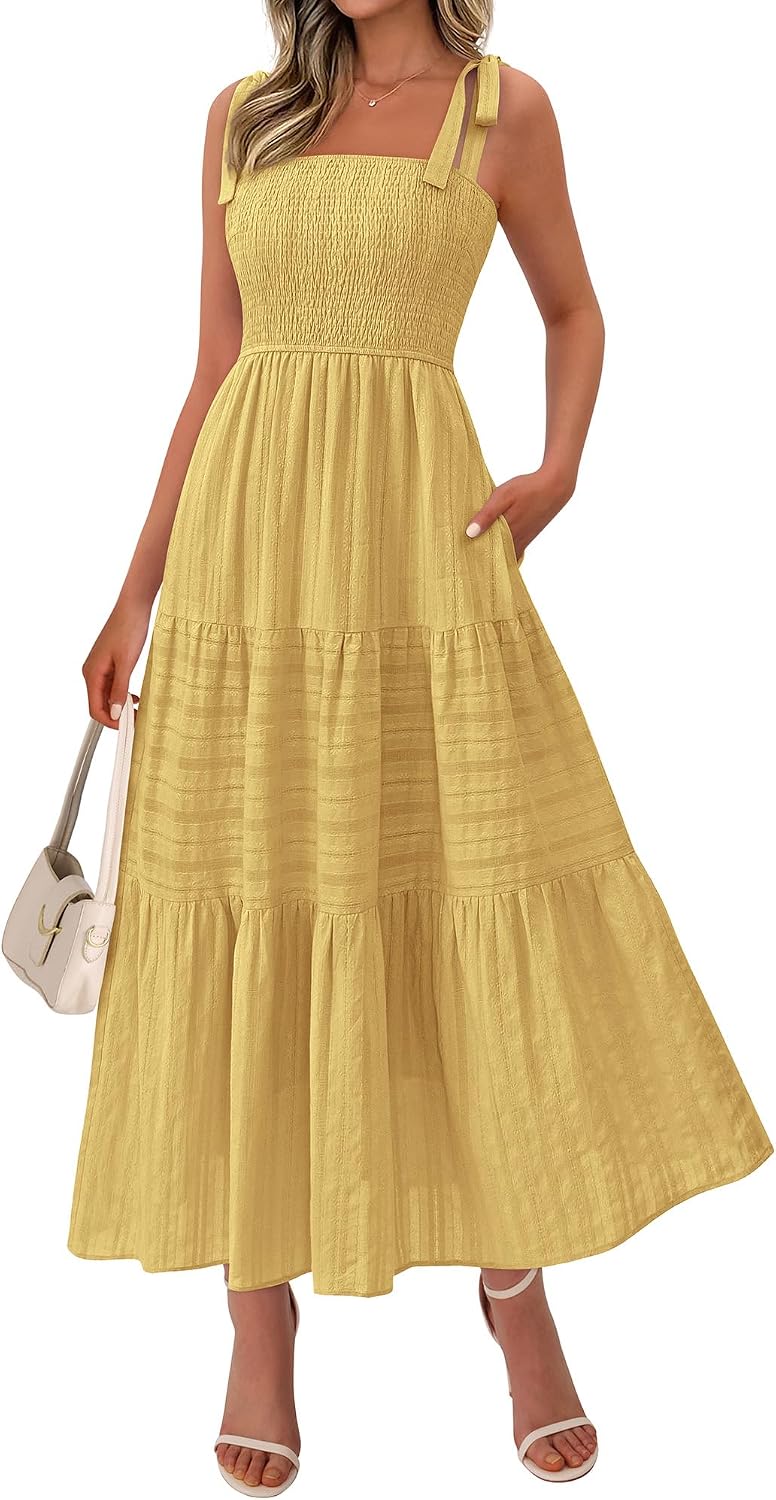 Tie-Strap Smocked Tiered Maxi Sundress in Yellow