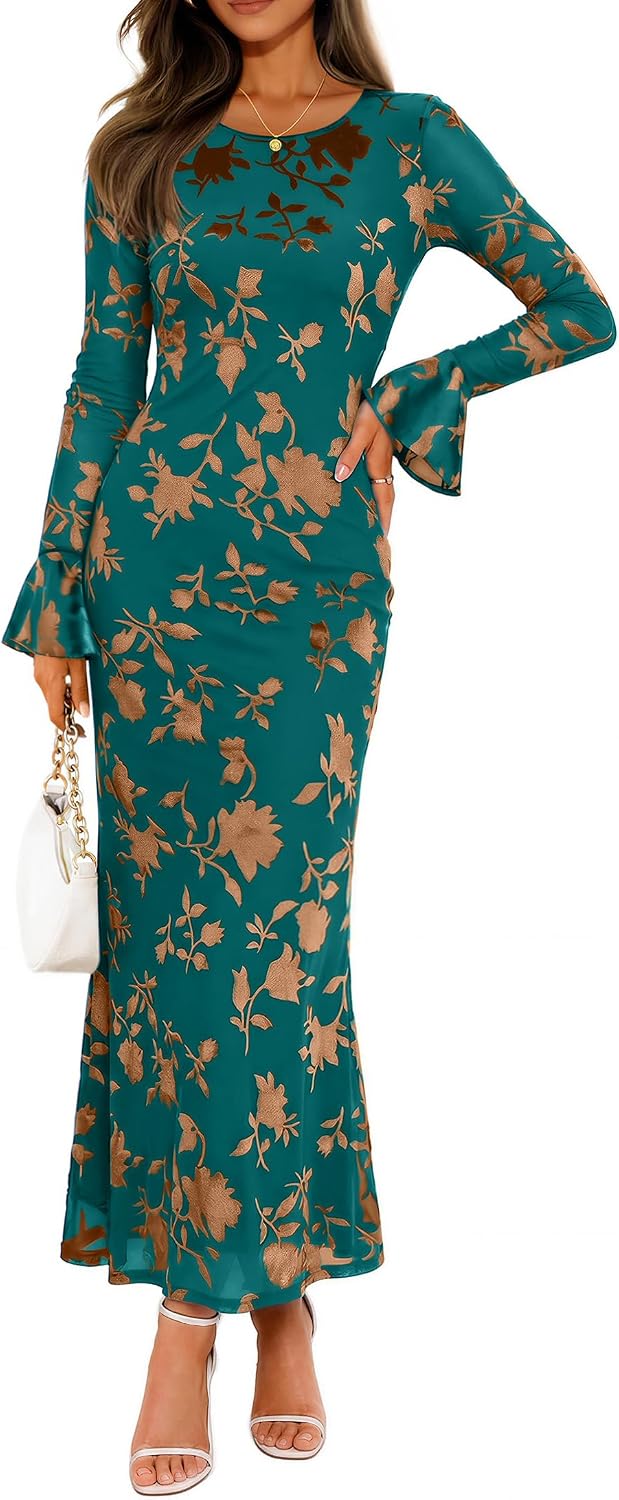 Floral Mesh Bell-Sleeve Bodycon Maxi Dress in Dark Green