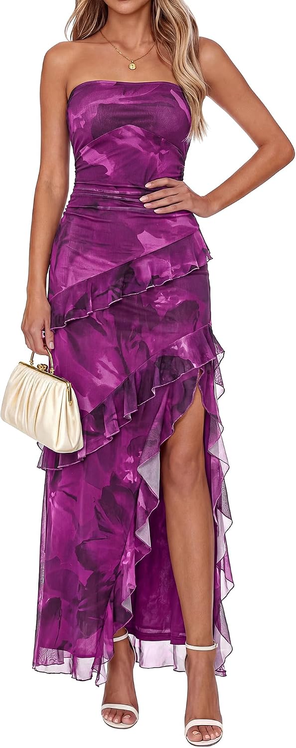 Off-Shoulder Ruffle Mesh Maxi Dress in Floral Purple