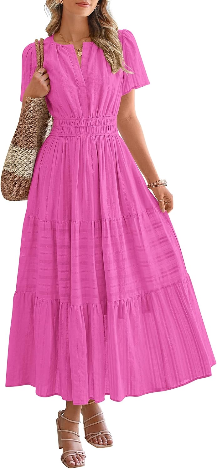 V-Neck Short-Sleeve Elastic-Waist Maxi Dress in Rose Red