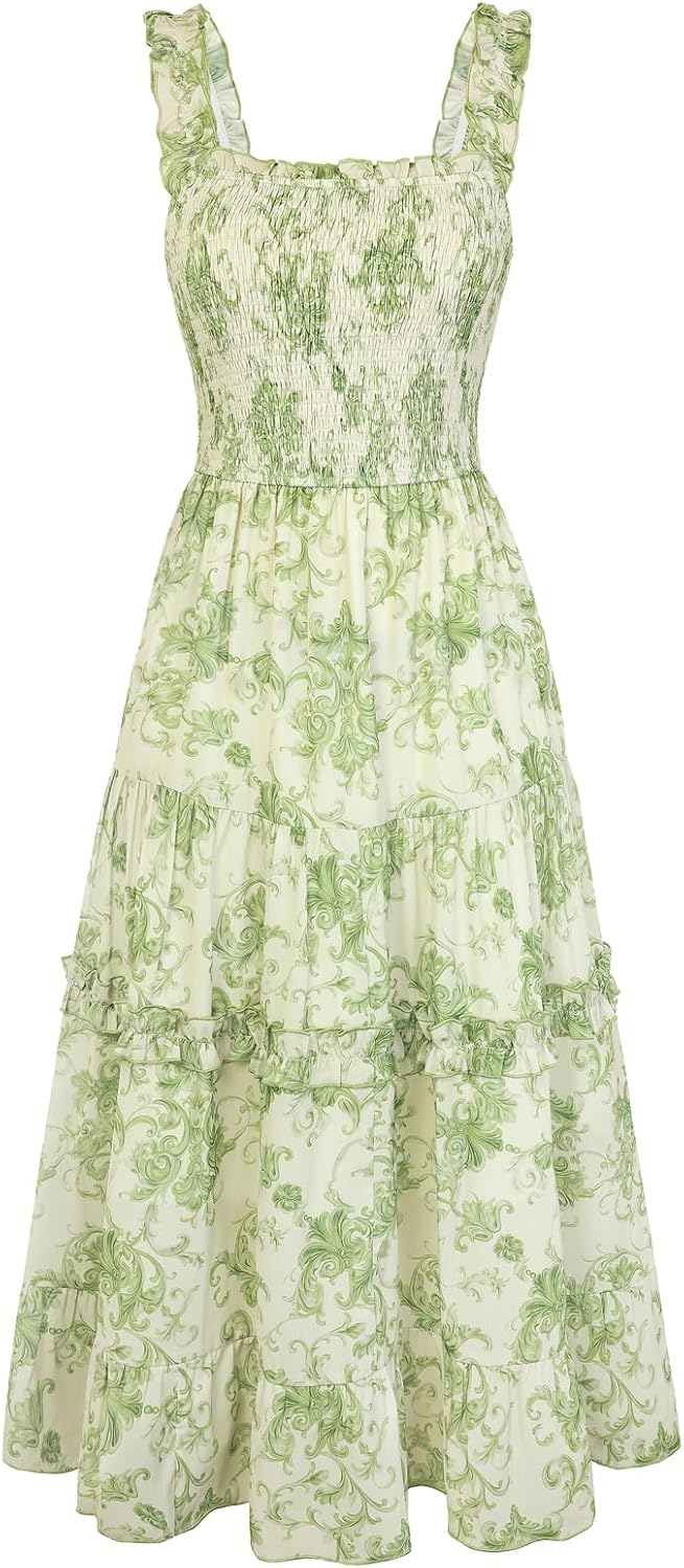 Floral Smocked Square-Neck Tiered Sundress in Green Scroll Grass