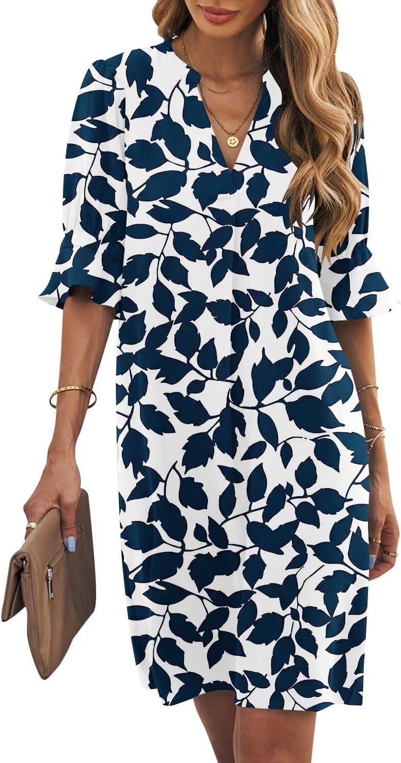Ruffle-Sleeve V-Neck Swing Shift Mini Dress in Blue White Leaves