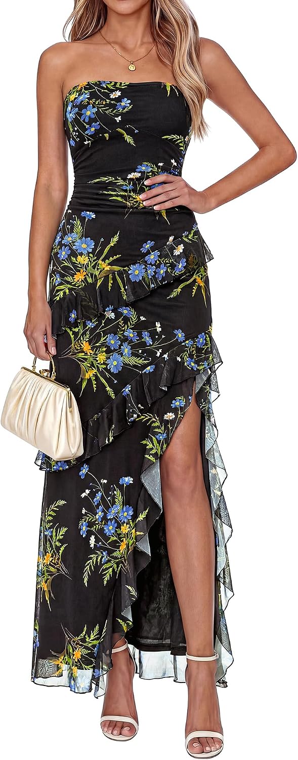 Off-Shoulder Ruffle Mesh Maxi Dress in Floral Black Blue