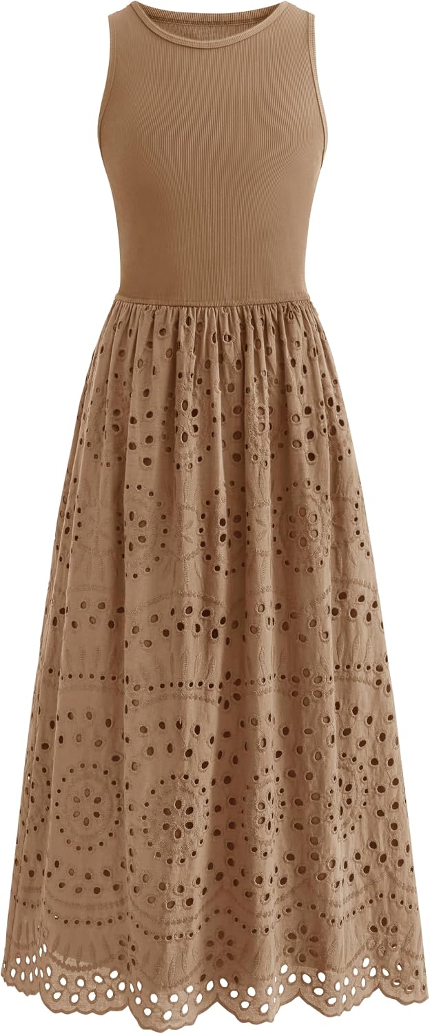 Lace Eyelet Sleeveless Tank Maxi Dress in Khaki
