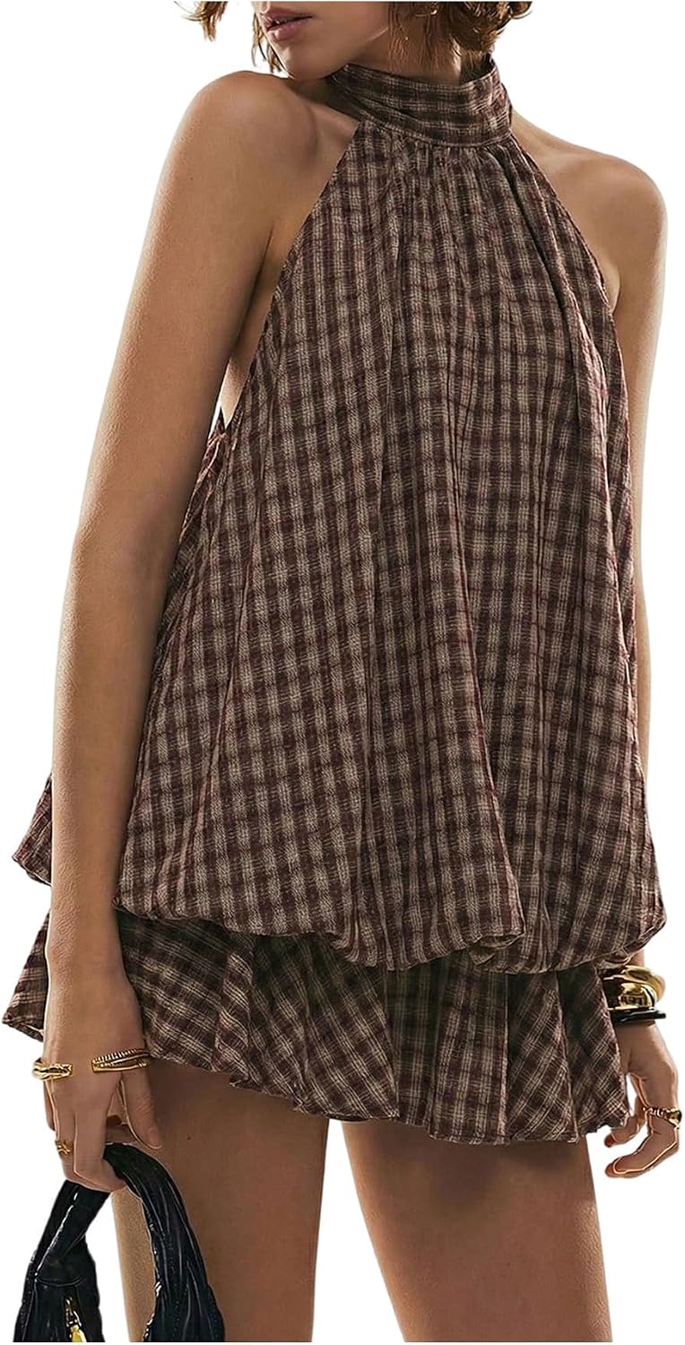 Plaid Halter Bubble-Hem Mini Dress in Coffee Brown