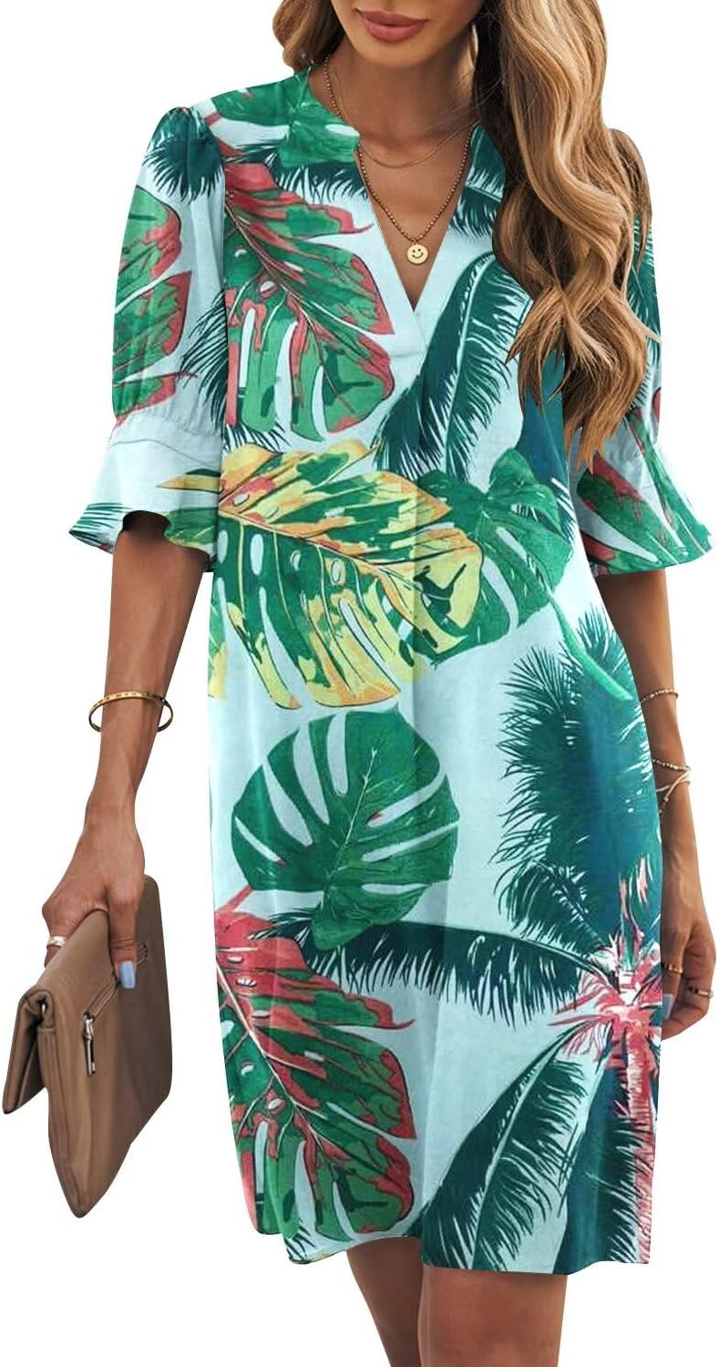 Ruffle-Sleeve V-Neck Swing Shift Mini Dress in Green Leaf