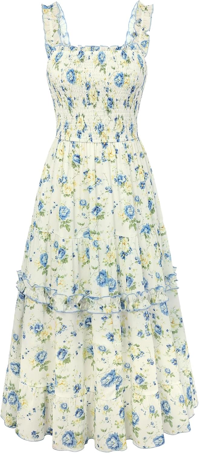 Floral Smocked Square-Neck Tiered Sundress in Yellow Blue Floral