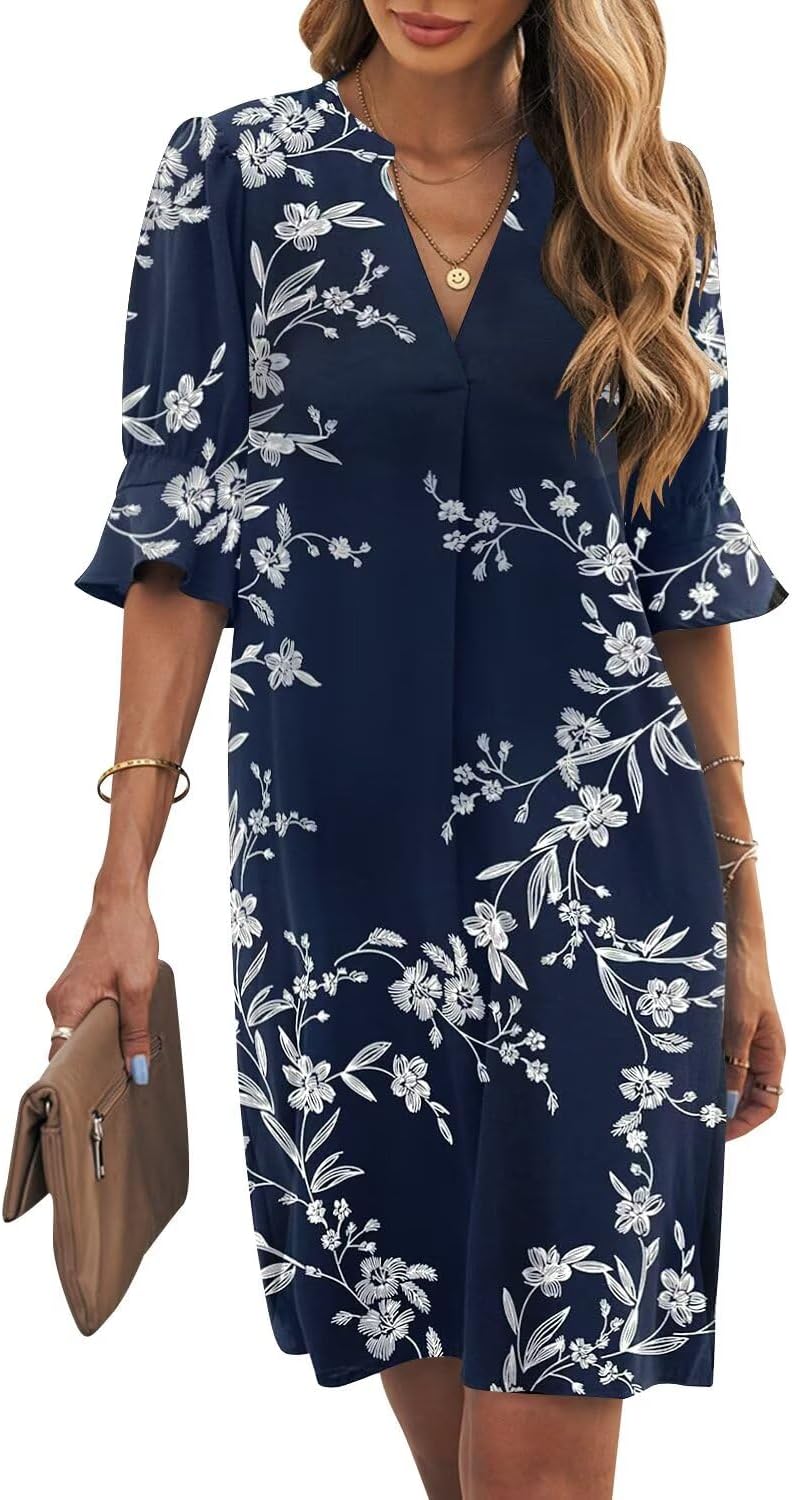 Ruffle-Sleeve V-Neck Swing Shift Mini Dress in White Flower Navy