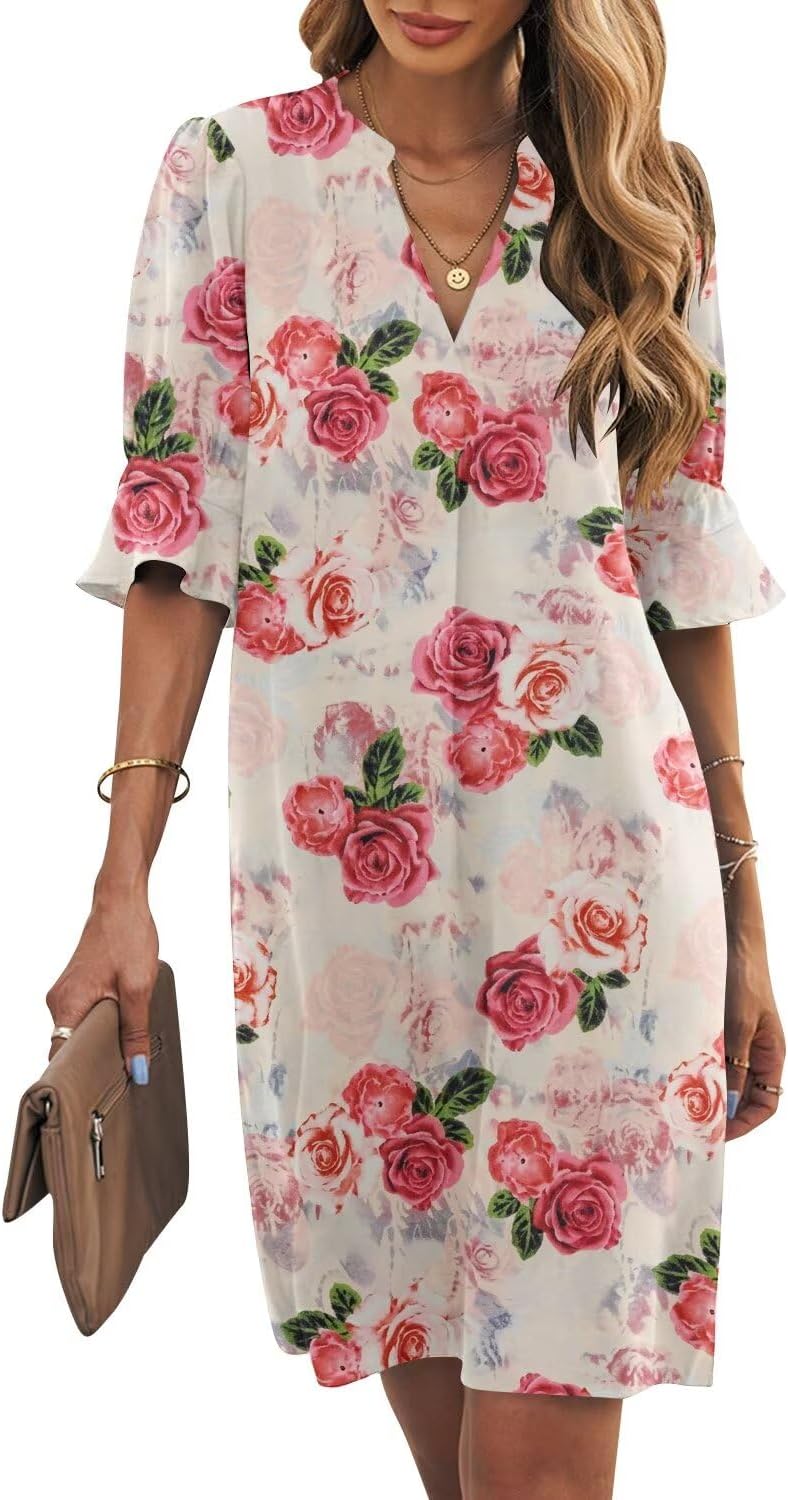 Ruffle-Sleeve V-Neck Swing Shift Mini Dress in Rose