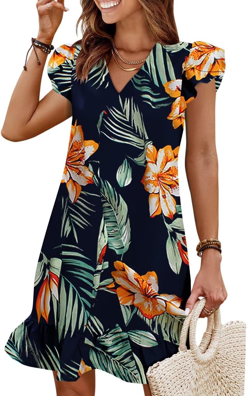 Flutter-Sleeve V-Neck Ruffle-Hem Mini Sundress in Yellow Green print