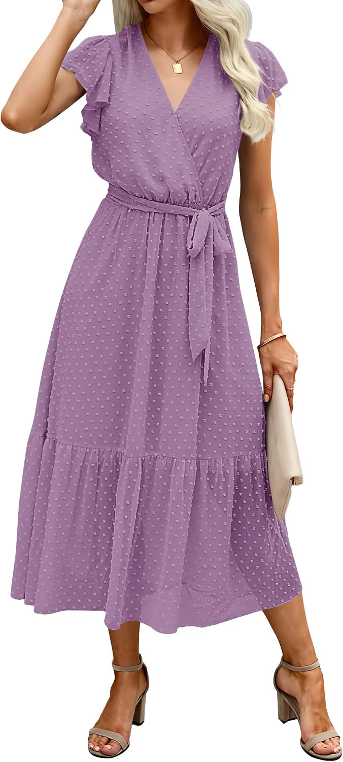 Swiss Dot Wrap V-Neck Belted Midi Dress in Swiss Dot Purple