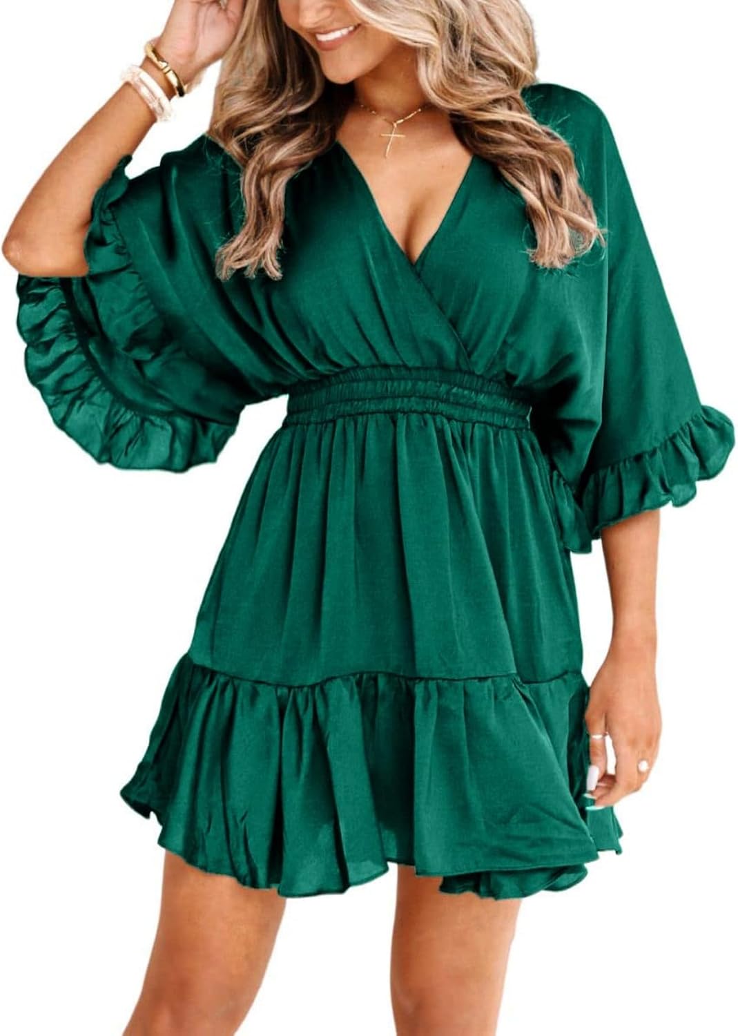 V-Neck Smocked-Waist Ruffle Mini Wrap Dress in Dark Green