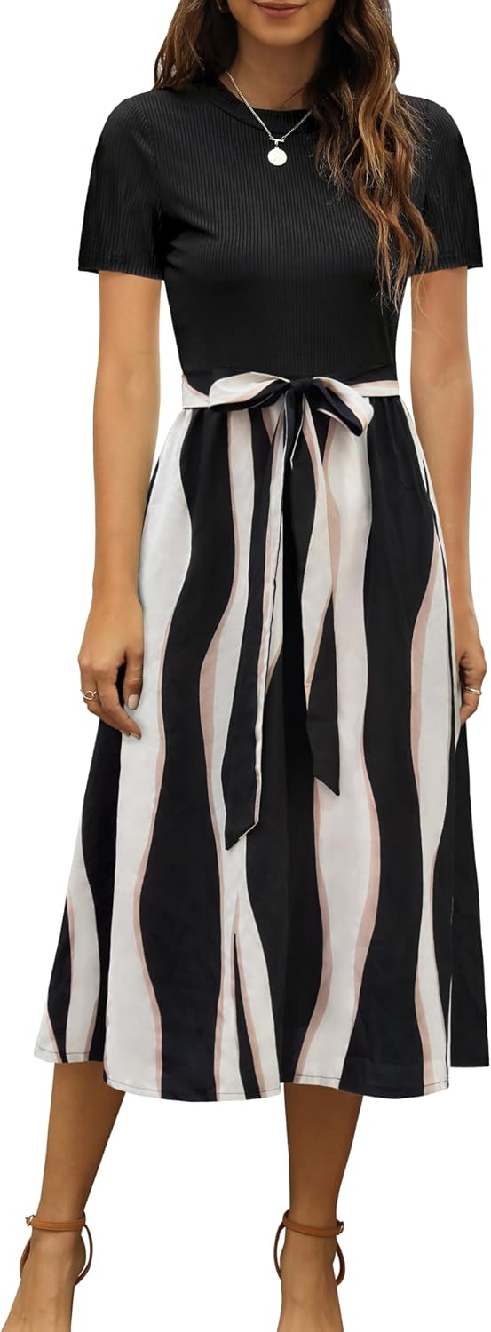 Ribbed Short-Sleeve Midi Dress in black stripe