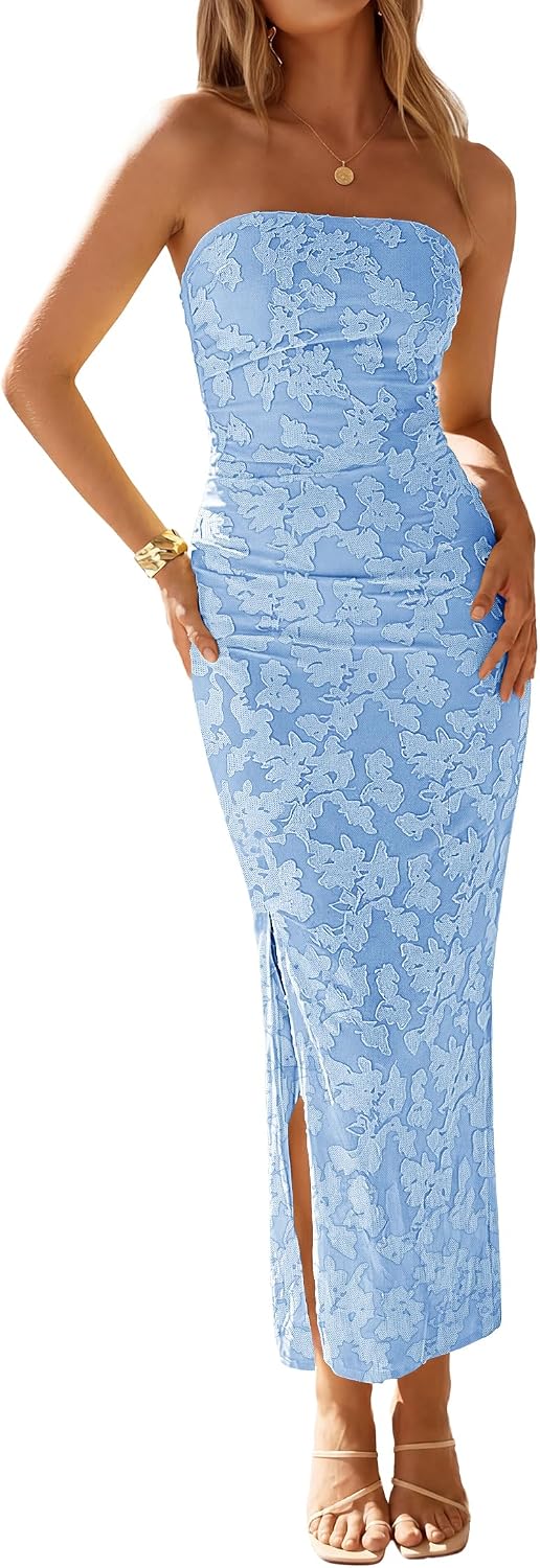 Floral Strapless Ruched Mesh Maxi Dress in Blue