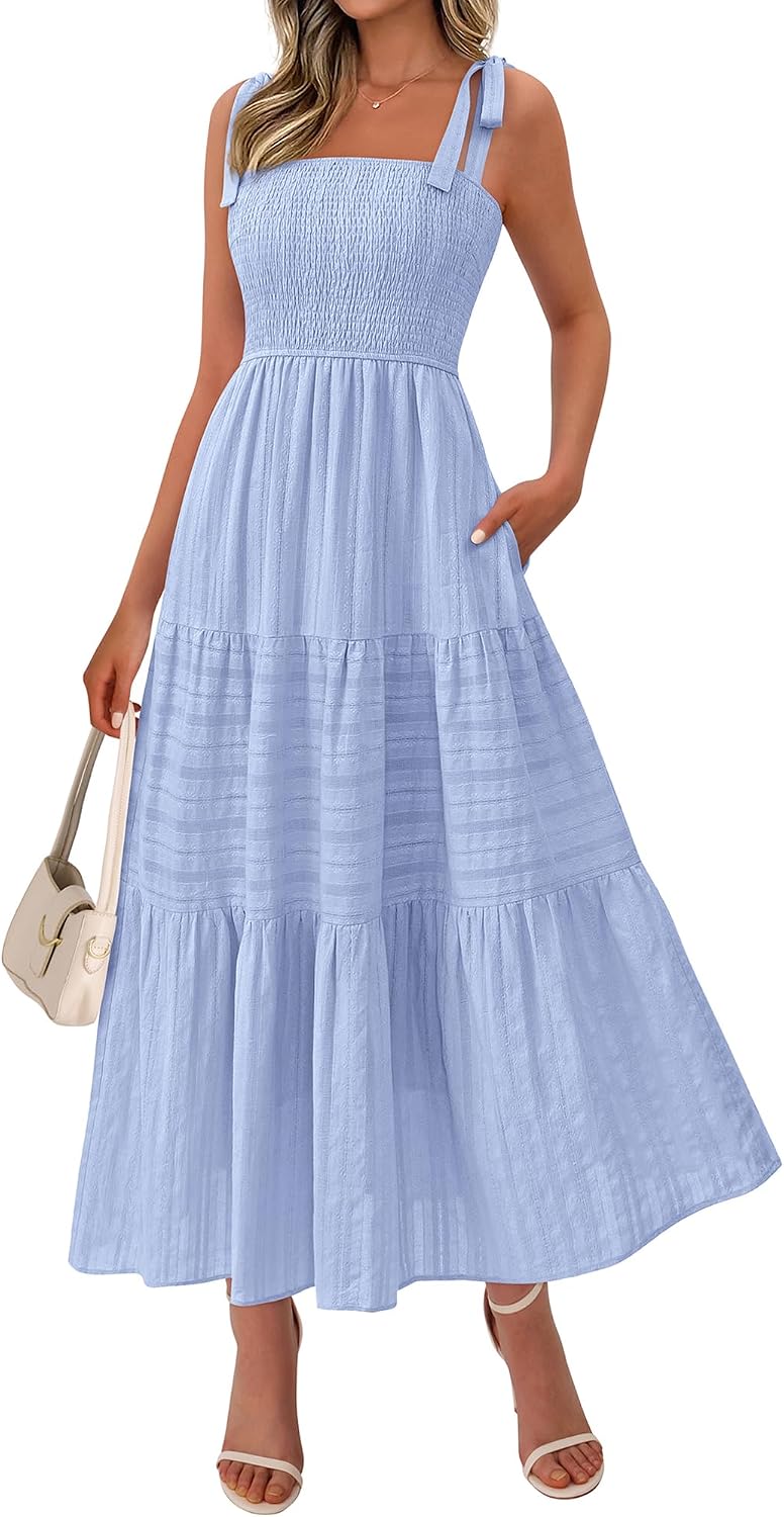 Tie-Strap Smocked Tiered Maxi Sundress in Light Blue
