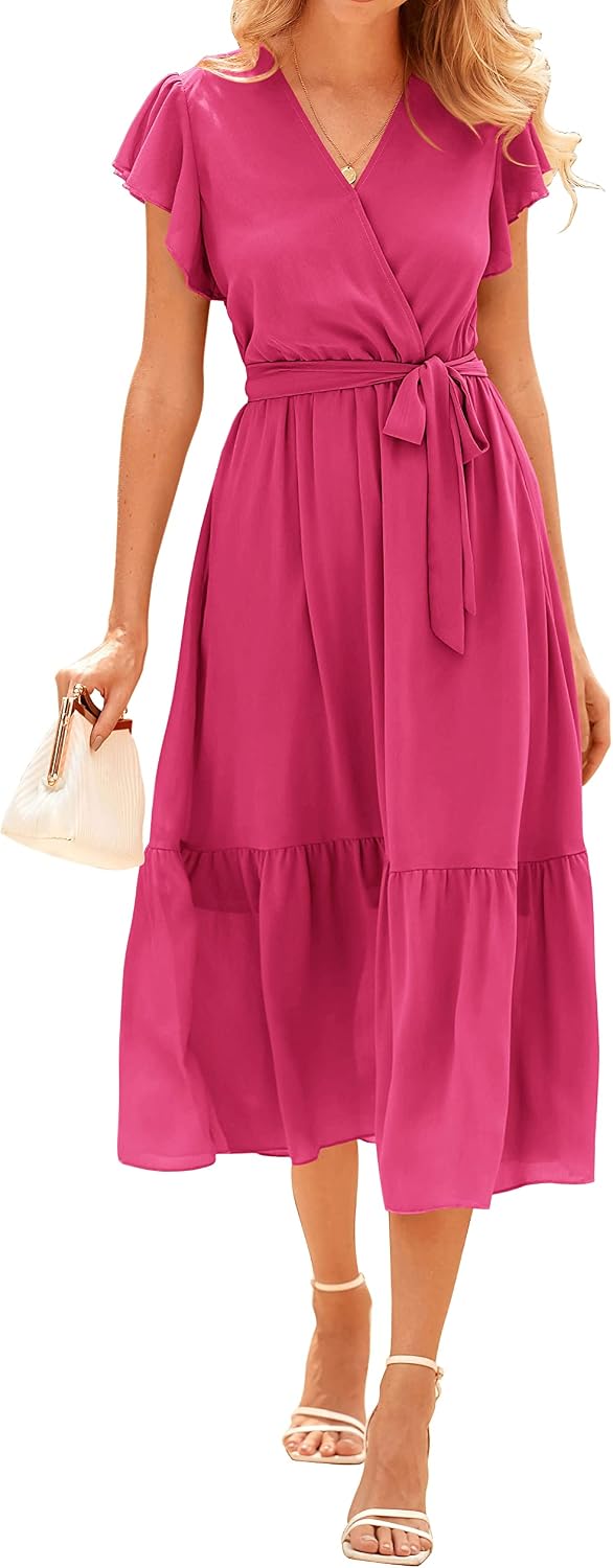 Swiss Dot Wrap V-Neck Belted Midi Dress in Solid Rose Red