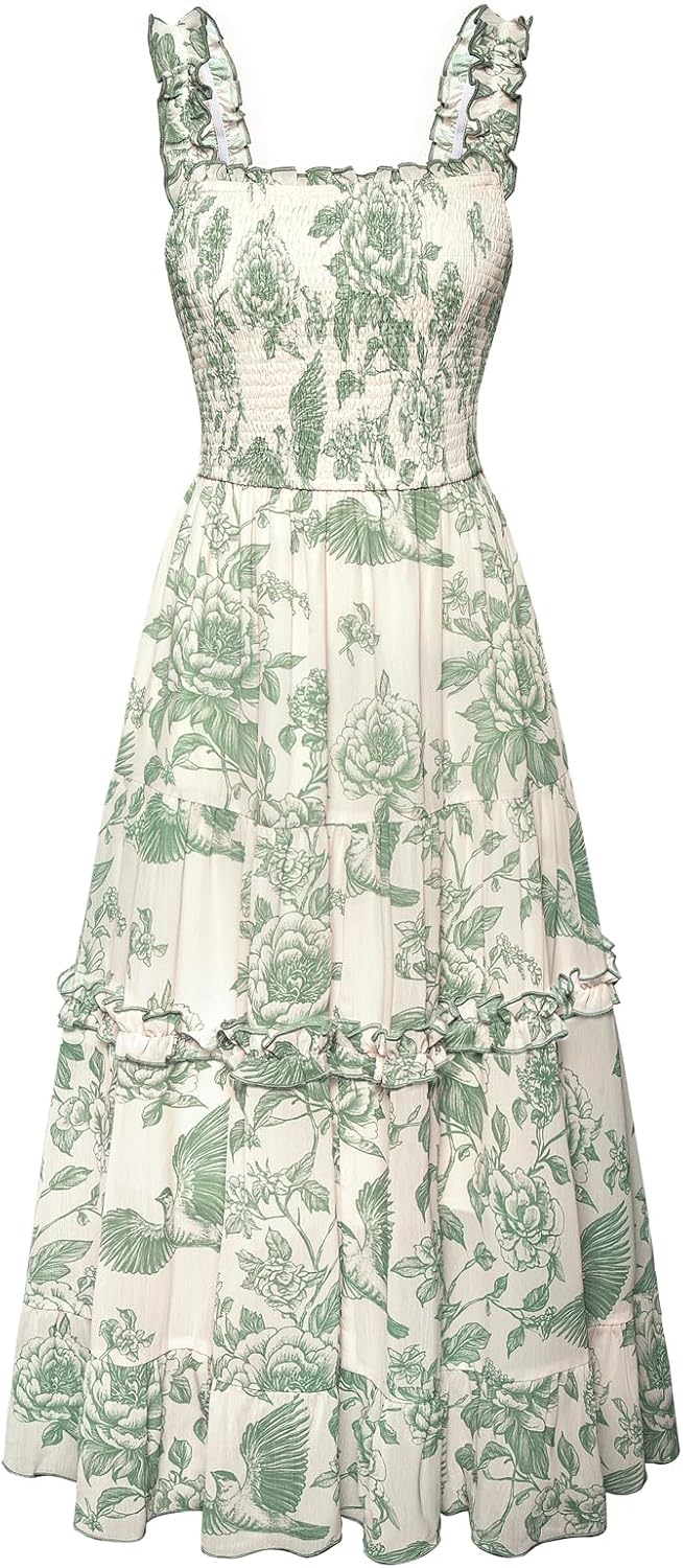Floral Smocked Square-Neck Tiered Sundress in Green Floral