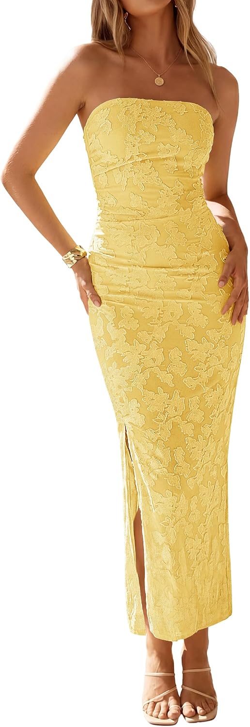 Floral Strapless Ruched Mesh Maxi Dress in Yellow