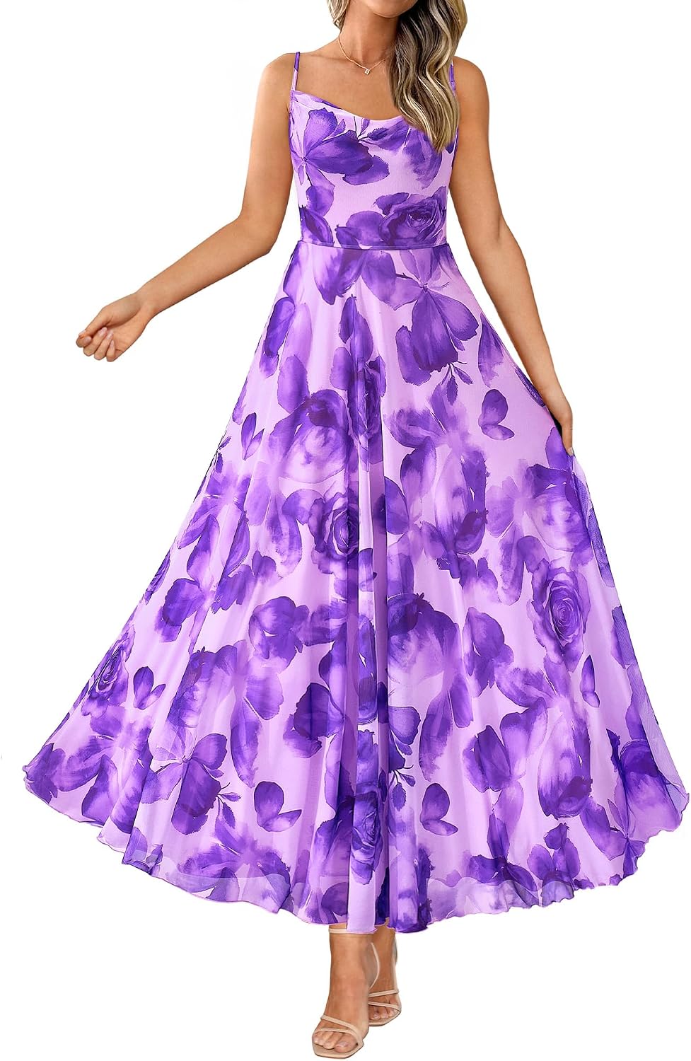 Floral Spaghetti Strap Maxi Dress in Purple Big Floral