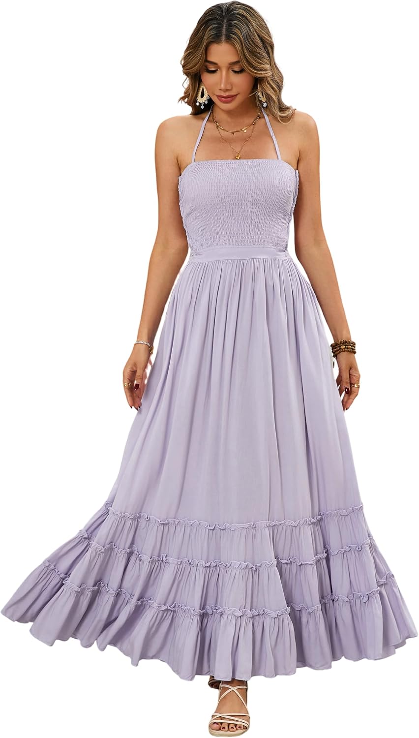 Smocked Ruffle Halter Backless Maxi Dress in Lavender