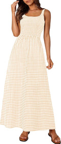 Gingham Smocked-Back Square-Neck Maxi Sundress in Beige