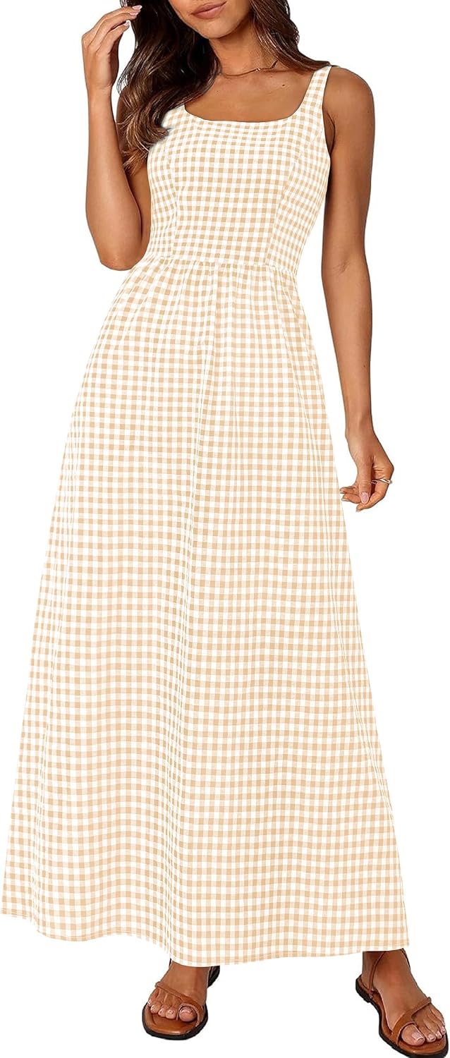 Gingham Smocked-Back Square-Neck Maxi Sundress in Beige