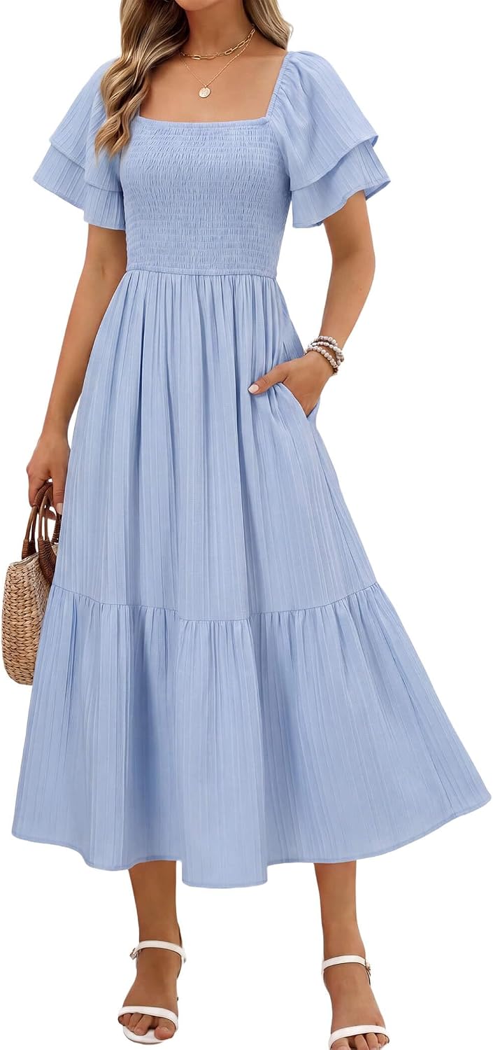 Off-Shoulder Ruffle Square-Neck Midi Dress in Light Blue