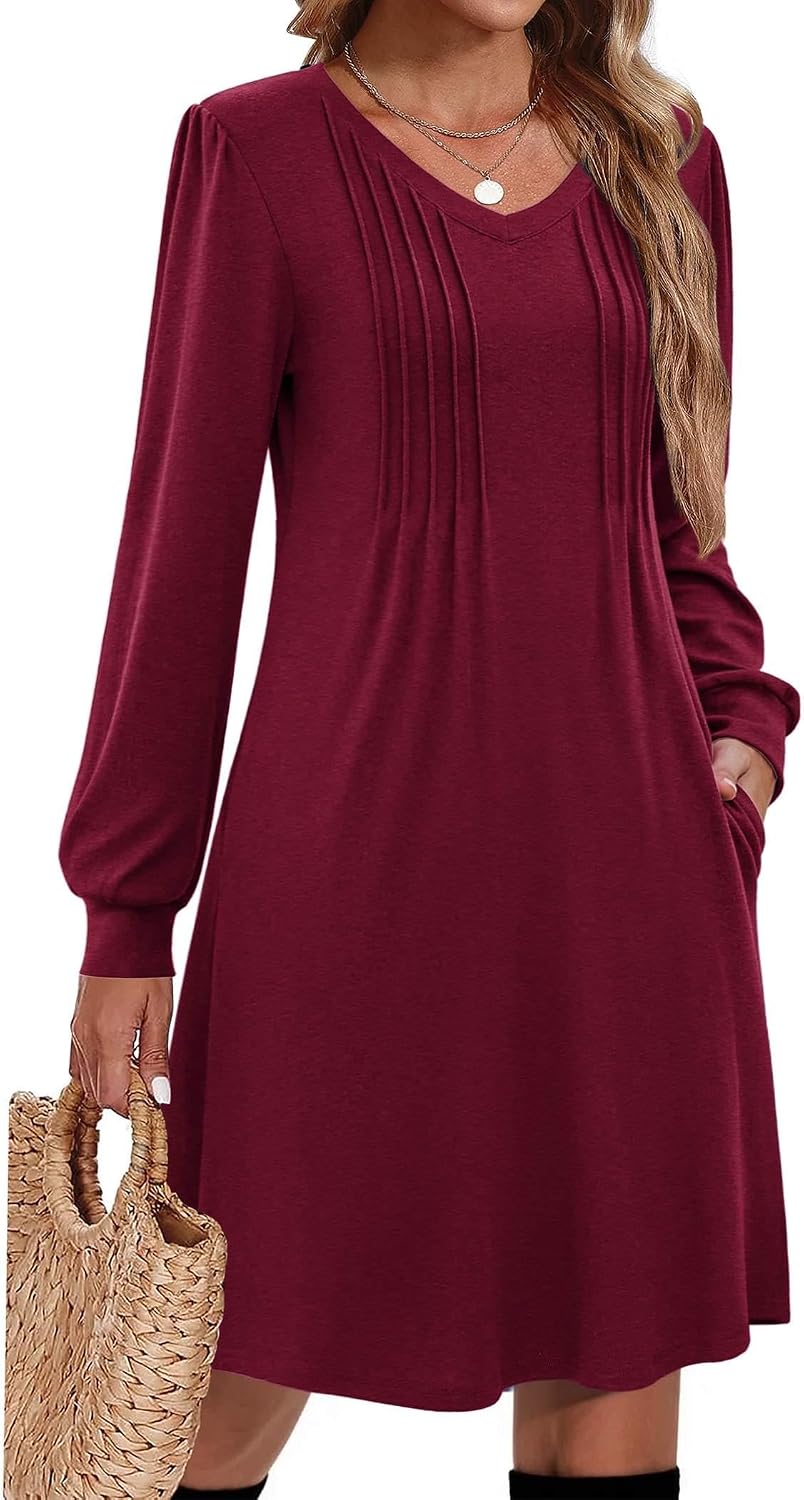 Pleated V-Neck Long-Sleeve A-Line Tunic Dress in Burgundy
