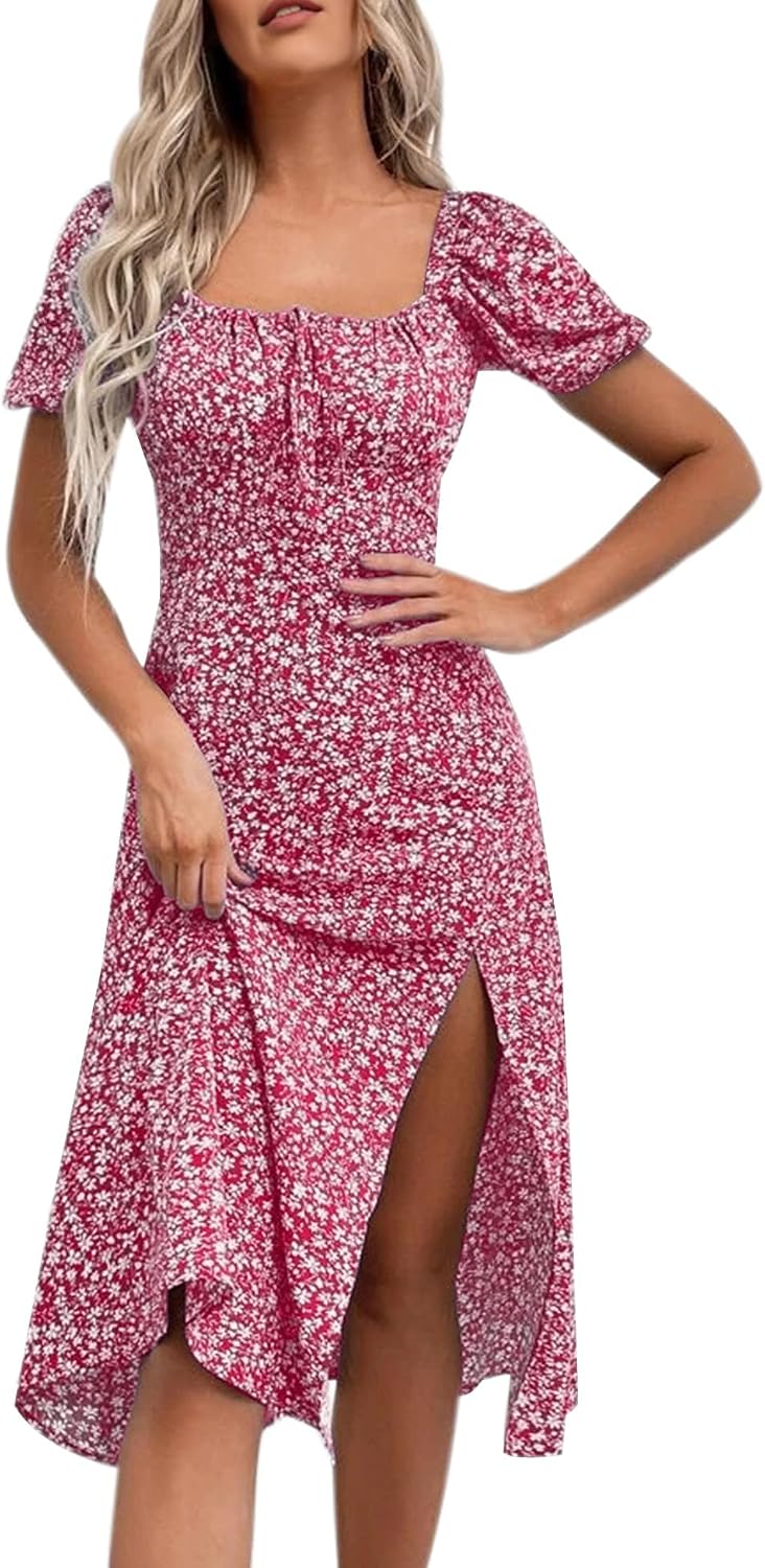 Floral Puff-Sleeve Square-Neck Midi Dress in Watermelon Red Floral