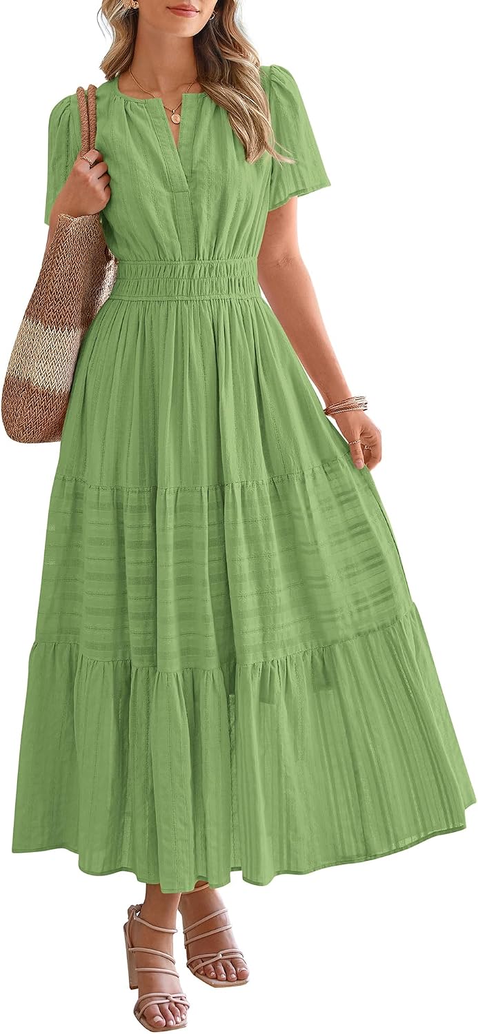 V-Neck Short-Sleeve Elastic-Waist Maxi Dress in Green