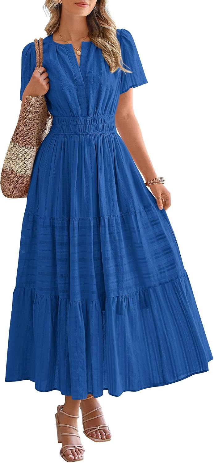 V-Neck Short-Sleeve Elastic-Waist Maxi Dress in Blue