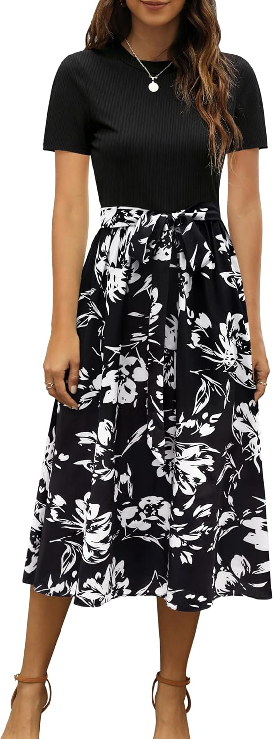 Ribbed Short-Sleeve Midi Dress in black, print H