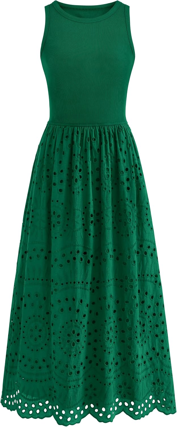 Lace Eyelet Sleeveless Tank Maxi Dress in Green