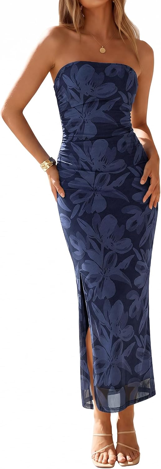 Floral Strapless Ruched Mesh Maxi Dress in Dark Blue