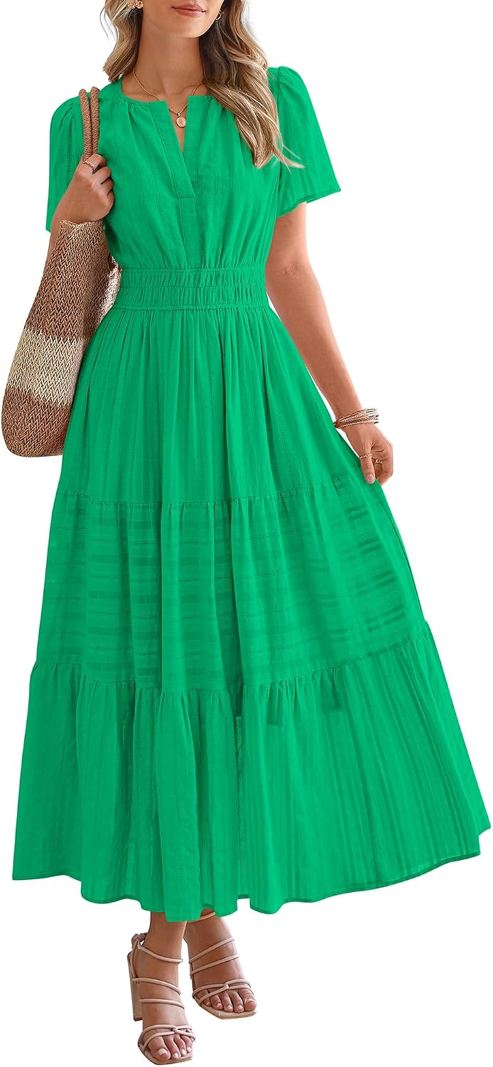 V-Neck Short-Sleeve Elastic-Waist Maxi Dress in Bright Green