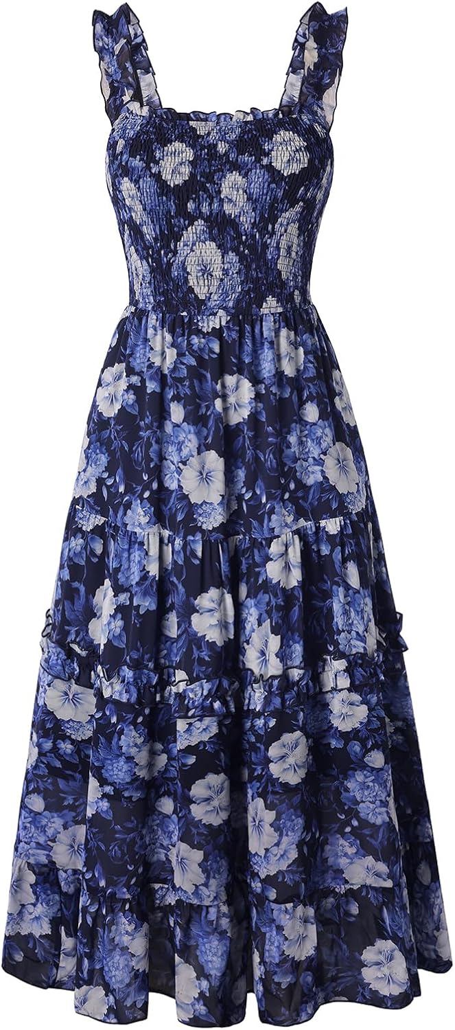 Floral Smocked Square-Neck Tiered Sundress in Blue Iris