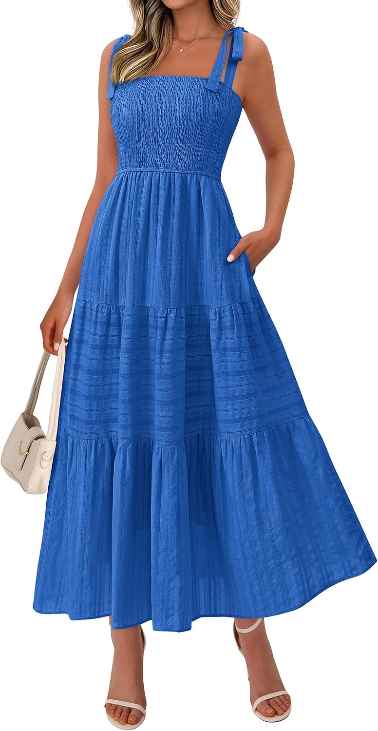 Tie-Strap Smocked Tiered Maxi Sundress in Blue
