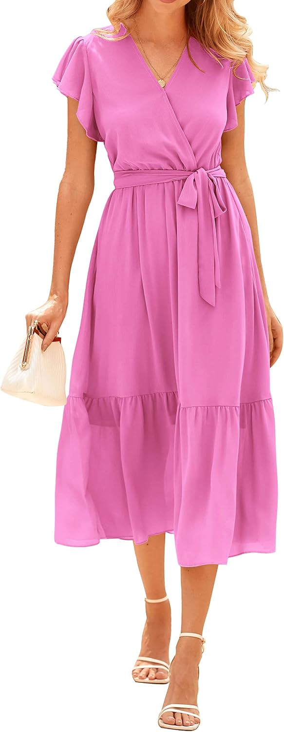Swiss Dot Wrap V-Neck Belted Midi Dress in Solid Rose Pink