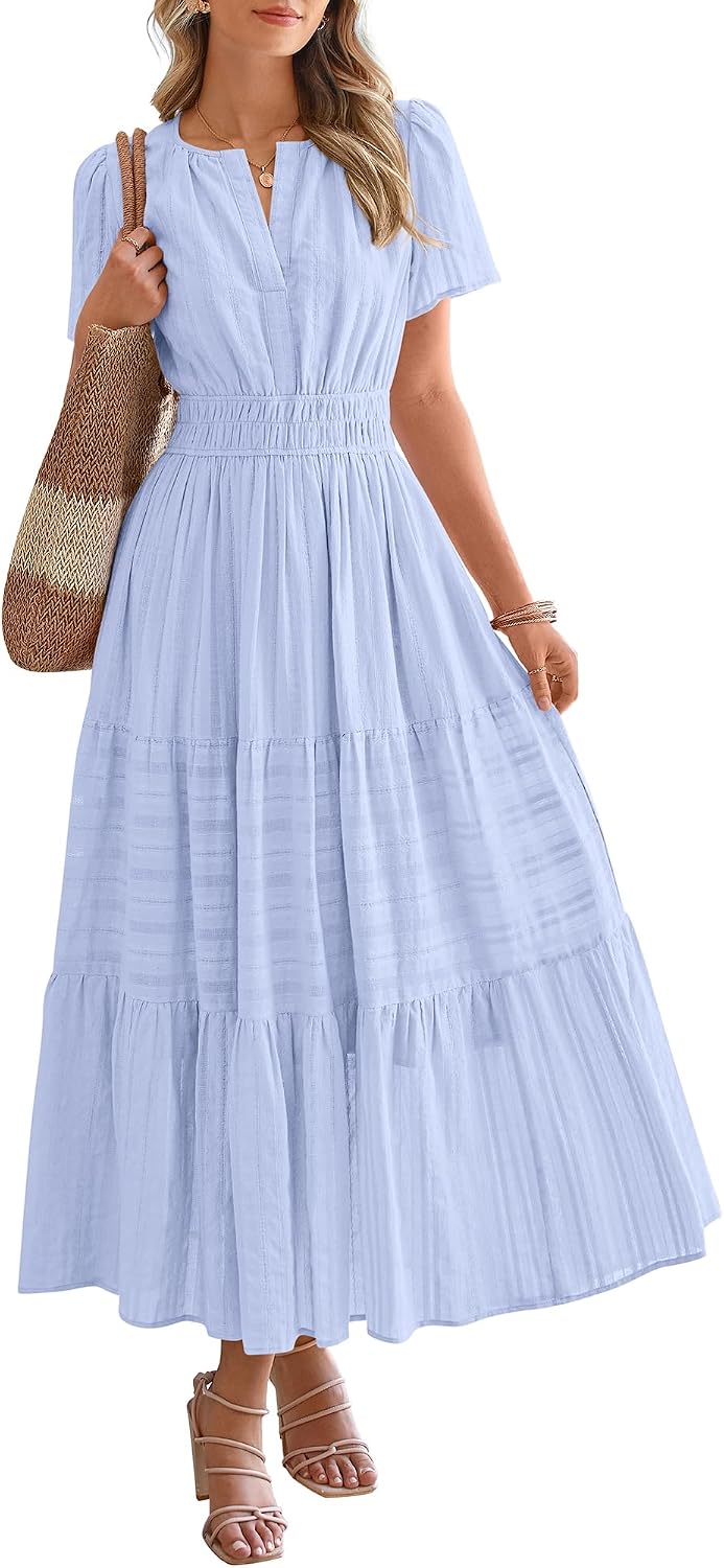 V-Neck Short-Sleeve Elastic-Waist Maxi Dress in Light Blue